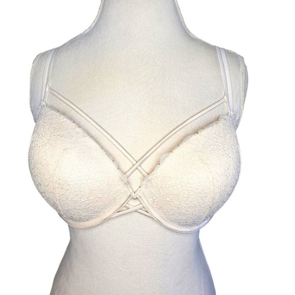 Victoria Secret PINK 36DD Date White Lace Underwire Padded Pushup Bra Strappy‎ - Picture 1 of 10